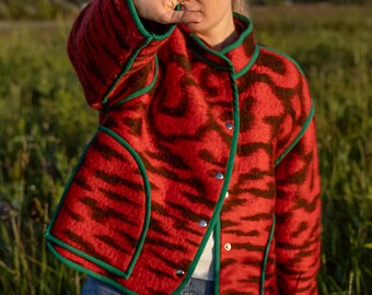 Rote Tiger Print Wolldecke Jacke, Upcycled Übergroßer Handgemachter Mantel M-L