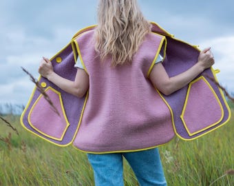Chaleco de lana reciclada, color rosa lavanda, hecho a mano, talla M