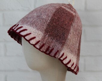 Upcycled Wool Sauna Hat – Burgundy Mauve Plaid Banya Spa Accessory with Loop
