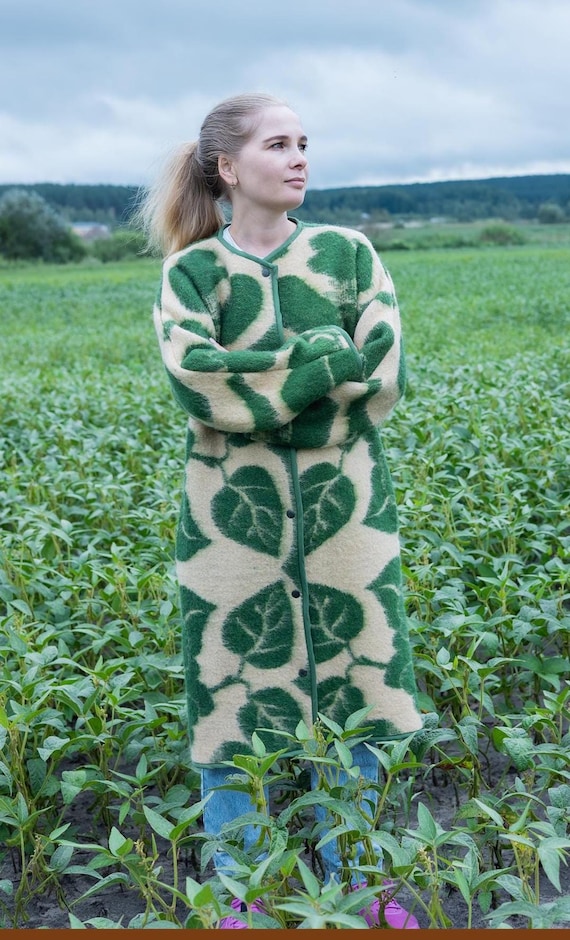 Handmade Coat from Vintage Wool Blanket,  Upcycled Long Green Leaf Pattern Jacket, Unique Sustainable Outerwear, size M