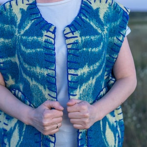 Upcycled blue Wool Blanket Vest Size L,Vintage Ukrainian Sleeveless Jacket,Snap-Front,,clothing for women,handwarmer vest,gift for her.