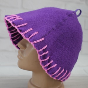 Purple wool sauna hat, handmade vintage blanket banya hat, thick felted steam bath hat with loop, upcycled sauna gift,flower felt hat.Баня.