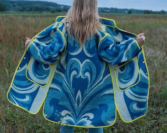 Wool coat blanket size L,handmade coat women,blue blanket jacket, winter coat, vintage blanket,Upcycled clothing.
