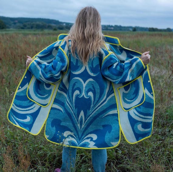 Wool coat blanket size L,handmade coat women,blue blanket jacket, winter coat, vintage blanket,Upcycled clothing.