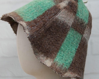 Eco-Friendly Upcycled Wool Sauna Hat, Handcrafted from Vintage Plaid Blanket, One-of-a-Kind, Gray and Green