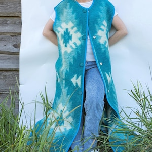 Vintage Wool Blanket Vest Size 46–48 M L, Handmade Long Sleeveless Coat Upcycled Blue Boho Outerwear One of a Kind Warm Layer,blanket coat.