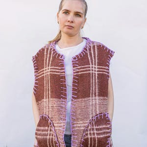 Vest Size M L,Upcycled Brown Plaid Wool Vest Blanket,Women&#39;s Handmade Warm Sleeveless Jacket,vintage wool vest,upcycled clothing for women.