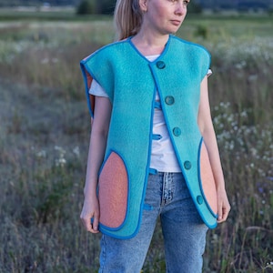 Handmade Wool Vest, Upcycled from Vintage Blanket Blue Peach Pockets size M/L Eco Gift Idea,upcycled clothing for women, cropped wool vest.