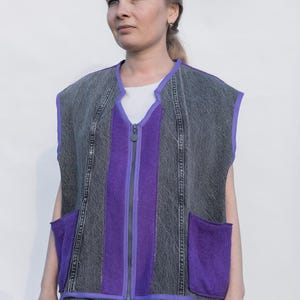Upcycled Wool Vest with Denim Accents,Purple and Gray Vintage Sleeveless Jacket,Eco-Friendly Warm Gilet,Handmade in Ukraine Size M/L, gift.