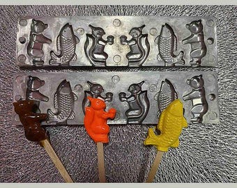 Gießform zur Herstellung von Lutschern und Süßigkeiten Bär, Fisch, Eichhörnchen + 25 Lollipop Stäbchen als Geschenk
