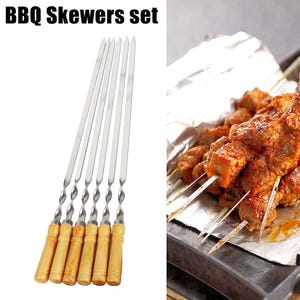 Barbecue Skewers with Nonslip Wooden Handle Flat Skewers for Kabobs Stainless Steel Kebab Skewers for Grilling, Set of 6 with case