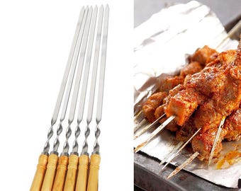 Grillspieße mit Rutschfestem Holzgriff Flachspieße für Kabobs Edelstahl Döner Spieße zum Grillen, 6er Set mit Etui