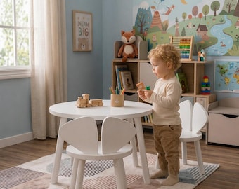 Mickey Montessori Kids Table and Chair Set | White Round Toddler Table 58 cm | Wooden Mickey Ear Chair | Kids Activity Furniture, Room Gift