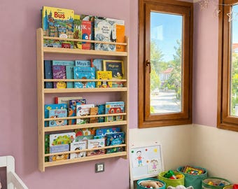 Natural Pine Montessori Bookshelf – Handmade Wooden Toddler Wall Shelf, Kids Room Bookshelves, Kindergarden Bookcase
