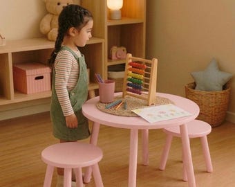 Conjunto de mesa redonda y taburetes rosas para niños / Mobiliario de juego Montessori / Mesa y sillas para niños pequeños / Guardería, mesa redonda para niños, mesa y sillas para niños pequeños