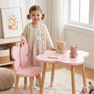 Pink Kids Table and Chair Set, Butterfly Chair Clover Table, Pink Wooden Toddler Furniture Set, Montessori Activity Table for Kids 2-7 Years