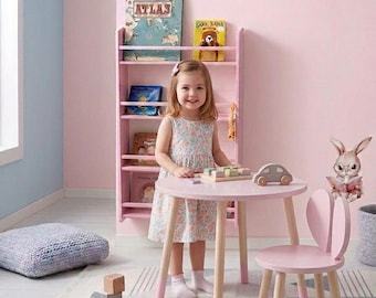 Montessori Kids Table and Chair Set, Baby Pink Round Toddler Table 58 cm, Wooden Bunny Chair Kids Activity Furniture, Kindergarden Furniture