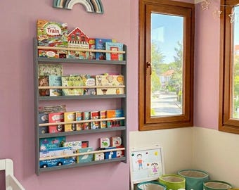 Smoked Montessori Wall Bookshelf, Wooden Kids Room Decor