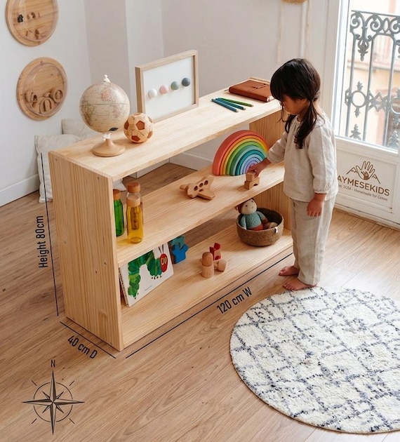 Montessori Holz Bücherregal | Natürliche Kiefer Spielzeug Lagerung, Kinderzimmer Organizer, Niedrige Regal