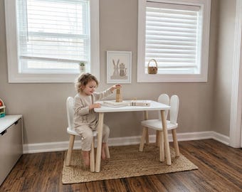 Conjunto de mesa Montessori blanca y silla de conejo, silla de conejo de madera para niños pequeños, muebles de actividades infantiles minimalistas, regalo de Pascua para niños.