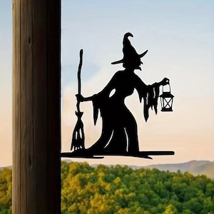 Metal Witch Silhouette Sign – Magic Witch Garden Stake – Outdoor Halloween Decoration – Spooky Yard Art