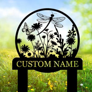 Personalized Dragonfly Garden Sign – Custom Metal Garden Stake – Outdoor Yard Art for Flower Beds – Dragonfly Garden Decor