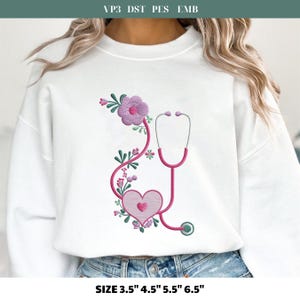 Floral Nurse Embroidery Design Stethoscope Embroidery Design 4 sizes Heartbeat Stethoscope Embroidery Design Heart Beat Embroidery
