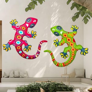 Colorful Metal Gecko Wall Art – Vibrant Lizard Wall Decor – Outdoor Garden Decoration – Indoor Metal Wall Hanging