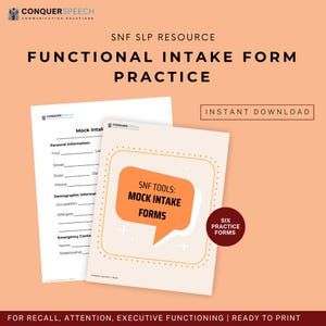 Pode incluir: Um recurso imprimível para patologistas da fala e da linguagem (SLP) que trabalham em instalações de enfermagem especializada (SNF). O recurso inclui seis formulários de admissão simulados para praticar avaliações de admissão funcionais. O título do recurso é "Ferramentas SNF: Formulários de admissão simulados".