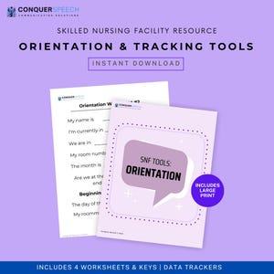 Może przedstawiać: Drukowana karta pracy zatytułowana "Orientation W" z dymkiem zawierającym tekst "SNF TOOLS: ORIENTATION". Karta pracy zawiera pytania dotyczące informacji osobistych, lokalizacji i czasu. Dymek jest w kolorze fioletowym z białym tekstem. Tekst "INCLUDES LARGE PRINT" znajduje się w prawym dolnym rogu obrazu.
