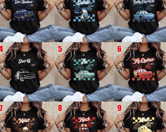 Camiseta personalizada de Disney Cars, con nombre personalizado: Rayo McQueen, Mater, Sally, Guido y más. Camiseta grupal de Disney Cars. Regalo para fans de Cars. G5SX10.