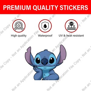 May include: A blue cartoon character sticker with large ears and a thoughtful expression. The sticker is labeled "Premium Quality Stickers" and includes icons indicating high quality, waterproof, and UV & heat resistance.