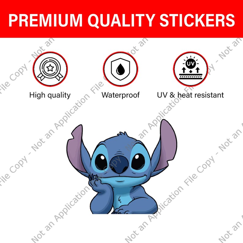 May include: A blue cartoon character sticker with large ears and a thoughtful expression. The sticker is labeled "Premium Quality Stickers" and includes icons indicating high quality, waterproof, and UV & heat resistance.