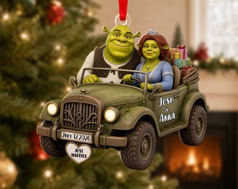 Shrek and Fiona Wedding Ornament, Personalized Couple Name & Date Christmas Ornament, Just Married Ogre Xmas Tree Keepsake Gift GANY06