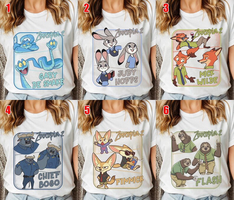 Pode incluir: T-shirts brancas com personagens do filme de anima&ccedil;&atilde;o "Zootopia 2". Cada camisa tem um design diferente, incluindo "Gary De Snake", "Judy Hopps", "Nick Wilde", "Chief Bogo", "Finnick" e "Flash".