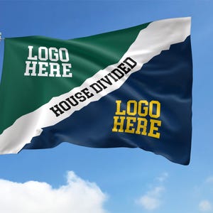 May include: A flag waving in the wind against a blue sky. The flag is divided diagonally with green and navy blue sections, separated by a white stripe. Text on the flag reads "LOGO HERE" and "HOUSE DIVIDED".