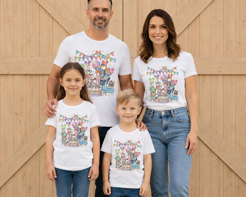 May include: A family of four wearing matching white t-shirts with a colorful birthday-themed graphic. The design includes cartoon animals, balloons, a cake, and the word "Name". The family is standing in front of a wooden door.