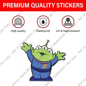 May include: A green alien sticker with three eyes, wearing a blue uniform with an orange emblem. The sticker is labeled "Premium Quality Stickers" and is high quality, waterproof, and UV & heat resistant.