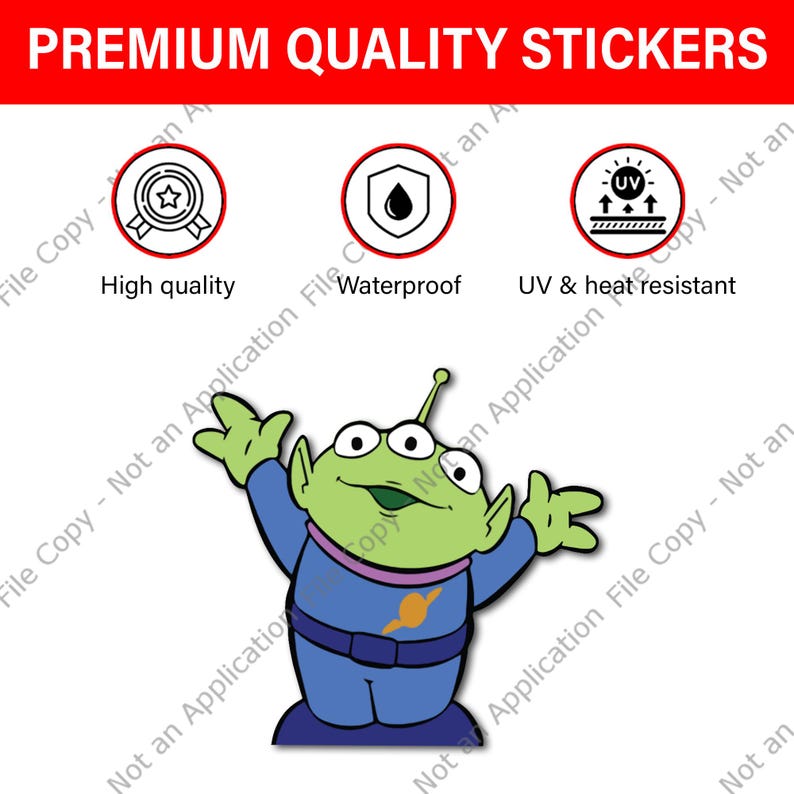 May include: A green alien sticker with three eyes, wearing a blue uniform with an orange emblem. The sticker is labeled "Premium Quality Stickers" and is high quality, waterproof, and UV & heat resistant.
