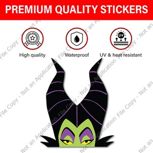 May include: A sticker featuring a stylized illustration of a character's face with black horns, green skin, and purple accents. The sticker is labeled "Premium Quality Stickers" and is described as high quality, waterproof, and UV & heat resistant.
