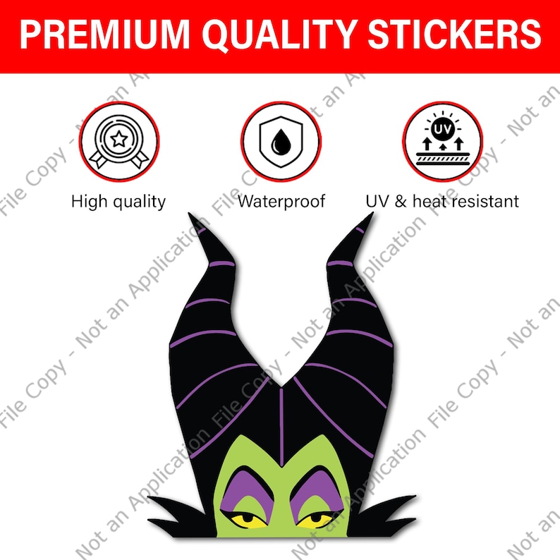 May include: A sticker featuring a stylized illustration of a character's face with black horns, green skin, and purple accents. The sticker is labeled "Premium Quality Stickers" and is described as high quality, waterproof, and UV & heat resistant.