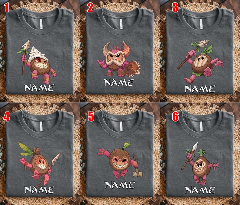 Puede incluir: Seis camisetas grises con diferentes personajes de dibujos animados de coco. Cada camiseta tiene un dise&ntilde;o de personaje &uacute;nico con detalles en rosa, marr&oacute;n y blanco. La palabra "NAME" est&aacute; impresa debajo de cada personaje.