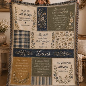May include: A rectangular woven throw blanket featuring a patchwork design with various floral patterns, plaid sections, and stripes in shades of navy blue, olive green, and cream. The blanket displays the name Lucas and several Bible verses.
