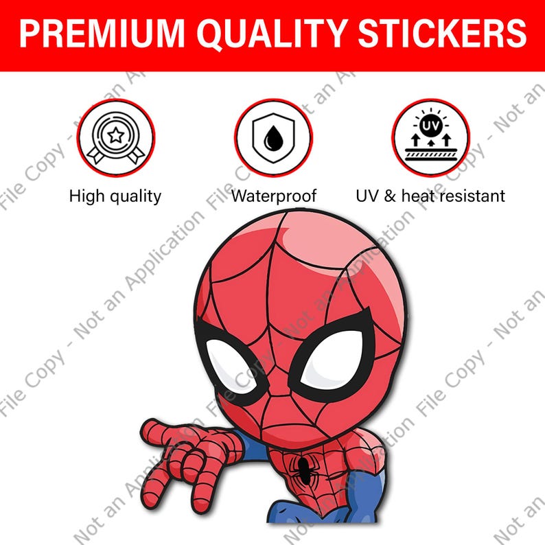 Pode incluir: Adesivo do Homem-Aranha vermelho e azul com o texto "PREMIUM QUALITY STICKERS". O adesivo &eacute; de alta qualidade, &agrave; prova d'&aacute;gua e resistente aos raios UV e ao calor. A imagem de desenho animado mostra o Homem-Aranha estendendo a m&atilde;o.