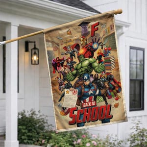May include: A rectangular outdoor flag featuring a collage of Marvel superheroes with the text "BACK TO SCHOOL" in red. The flag has a vintage, parchment-like background with illustrations of books, a chalkboard, and autumn leaves.
