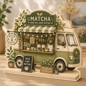 May include: A decorative wooden cutout of a matcha food truck featuring green and cream colors. The sign reads MATCHA GOOD DAY, GOOD MATCHA, 100% PURE MATCHA, and FRESH & GREEN. It includes illustrations of a cat, plants, and matcha drinks.