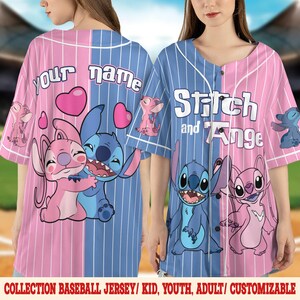 May include: Baseball jersey featuring the characters Stitch and Angel. The jersey is split vertically, with pink and blue panels. The pink side has the text "Your name" and the blue side has the text "Stitch and Ange".