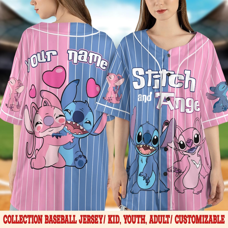 May include: Baseball jersey featuring the characters Stitch and Angel. The jersey is split vertically, with pink and blue panels. The pink side has the text "Your name" and the blue side has the text "Stitch and Ange".
