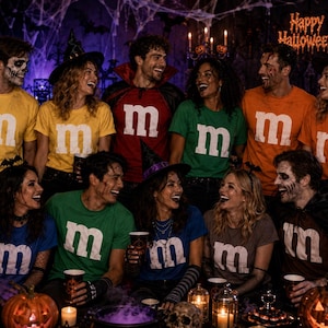 May include: A group of people wearing colorful t-shirts, each featuring a large white lowercase letter m on the front. The shirts are in various solid colors including yellow, red, green, orange, blue, and brown, worn during a Halloween event.