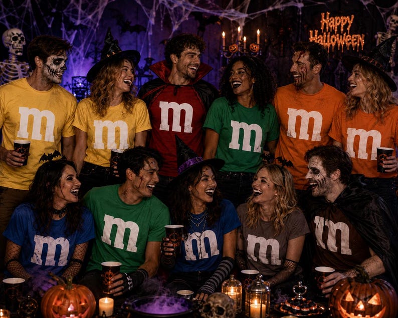 May include: A group of people wearing colorful t-shirts, each featuring a large white lowercase letter m on the front. The shirts are in various solid colors including yellow, red, green, orange, blue, and brown, worn during a Halloween event.